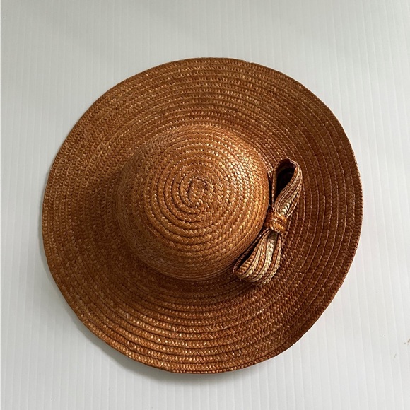 Vintage straw wide brim Hat bow two tone sun - Picture 3 of 6